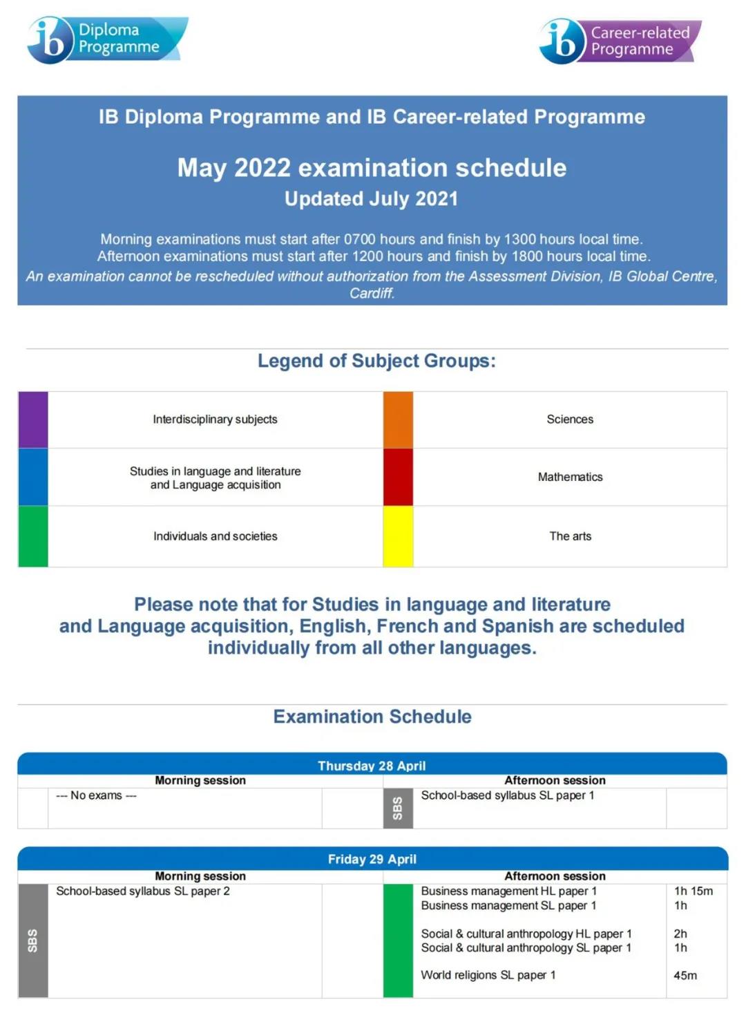 2022年5月IB考试时间